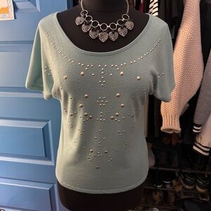 Charlotte Russe Light Blue Short Sleeve Top with bow and embellishments